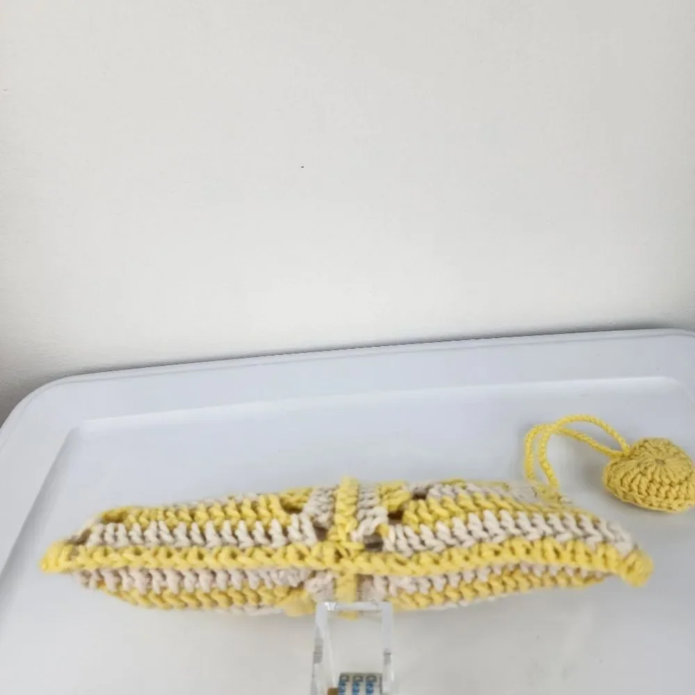 Handmade Crochet Granny Square Clutch Yellow Cream Boho Heart Charm Makeup Pouch - Picture 12 of 15